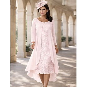 Two Piece A-Line Tea Length Wedding Guest Dress Mother of the Bride Dress Short Sleeve Jewel Neck Elegant Plus Size Wedding Guest Wedding Party Chiffon Lace Ja