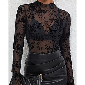Women's Blouse Mesh Floral Stylish Long Sleeve High Neck Regular Tops Daily Holiday Going out Black Navy Blue Summer Spring