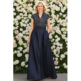 A-Line Floor Length Wedding Guest Dress Formal Dresses Evening Gown Mother of the Bride Dress Cap Sleeve V Neck Elegant Simple Minimalist Formal Wedding Guest