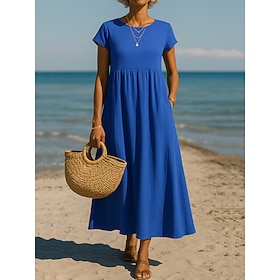 Women's Maxi Dress A Line Dress Vacation Casual Boho Daily Loose Fit Plain Short Sleeve Crew Neck Blue Black White Light Green Summer Spring Fall