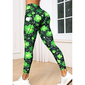 St. Patrick Women's pilates leggings fitness pants Gym Leggings Pockets Stamp Duty Side Pockets Pilates Gym Gym Workout Tights Leggings Bottoms Clover Green an
