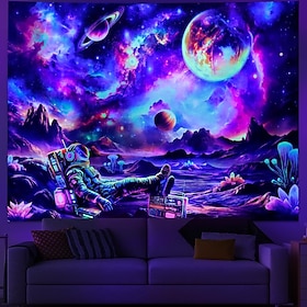 Blacklight Astronaut Tapestry UV Reactive Galaxy Space Tapestry Glow in The Dark Trippy Universe Planet Tapestries Neon Starry Sky Wall Hanging Decor for Home
