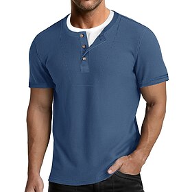 Men's Waffle Henley Shirt Tee Cotton Blend T-Shirt Short Sleeve Color Block Plain Fashion Designer Casual Color Block Buttons Fake two piece Crew Neck Henley C