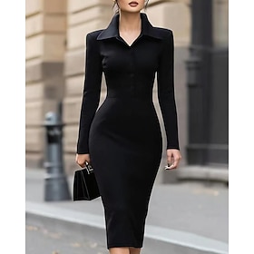 Women's Midi Dress Black Dress Sheath Dress Elegant Fashion Modern Daily Going out Weekend Regular Fit Plain Long Sleeve Shirt Collar Black Spring Fall Winter