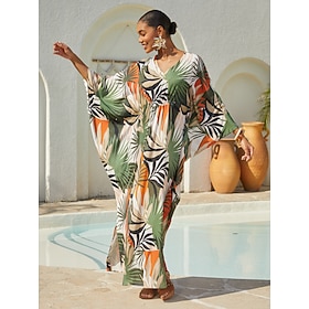 Vacation Tropical Botanical Print Dolman Sleeve Satin Maxi Dress: retailer-supplied image