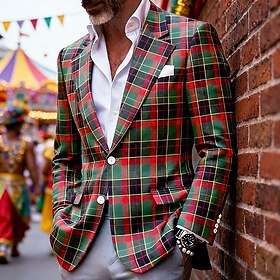 Men's Blazer Casual Business Carnival Fashion Spring Fall Polyester Plaid Buttons Single Breasted One-button Blazer Green