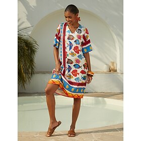 Vacation Ocean Elements Shirred Satin Mini Dress