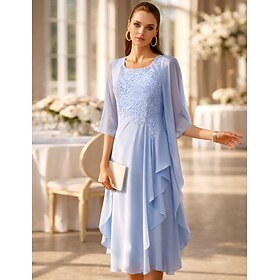 Two Piece A-Line Knee Length Wedding Guest Dress Mother of the Bride Dress Sleeveless Scoop Neck Elegant Wedding Guest Wedding Party Chiffon Lace Jacket Dresse