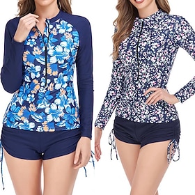 Women's Rash Guard Two Piece Swimsuit Swimsuits Floral Tropical Ruched Side UV Protection Elastic Long Sleeve Swimwear Surfing Beach Vacation Summer