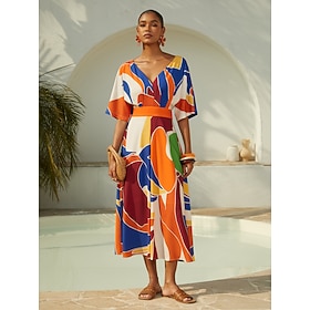 Vacation Geometric Color Block Print Satin Maxi Dress: retailer-supplied image