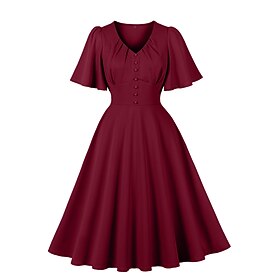1950s Retro Vintage Dress Swing Dress Short Sleeves Solid Color Fancy Dress Women's Carnival Masquerade Revival Daily Wear Bachelorette Party Adults' Dress