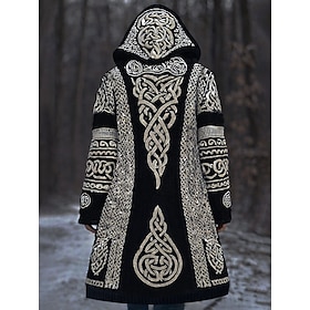 Dame Kofte Daglig Fritid Grafisk Geometrisk Riflet Med hette Lapper Lomme Knapper Langermet Lange topper Strikke utendørs Helg Svart Høst Vinter