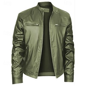 Men's Faux Leather Jacket Biker Jacket Motorcycle Jacket Vacation Daily Windproof Warm Zipper Fall Winter Plain Fashion Classic Stand Collar Regular Black Red