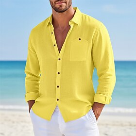 Men's Shirt Linen Shirt Summer Shirt Beach Wear Button Up Shirt Plain Casual Vacation Black White Yellow Navy Blue Long Sleeve Turndown Summer Spring Clothing