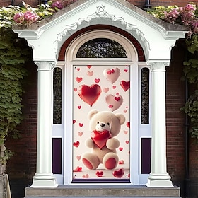 Valentine's Day Posters Door Cover Outdoor Banners Little Bear Love Heart Cute Romantic 3D Party Dorm Shooting Backgrounds Front Door Marriage Proposal Decorat