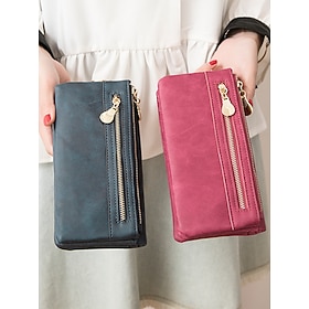 Women's Faux Leather Long Wallet Wristlet, Multi-Card Organizer with Zipper Coin Pocket, Slim Vintage Style Clutch, Multi-Color, for Everyday Use, Travel, Shop