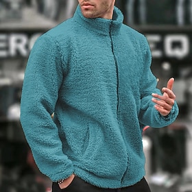 Men's Winter Coat Teddy Coat Casual Jacket Casual Daily Thermal Warm Pocket Full Zip Fall Winter Plain Streetwear Daily Standing Collar Regular Blue Black Navy