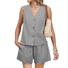 Women's Shorts Sets Bolero Top Sleeveless V Neck Plaid Active Streetwear Daily Outdoor Blue Black Red Summer Regular Fit