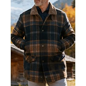 Men's Winter Coat Fleece Jacket Casual Jacket Casual Daily Thermal Warm Pocket Fall Winter Plaid Streetwear Daily Turndown Regular Brown Jacket