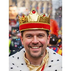 Men's Polyester Fabric King Crown – Gold and Red Design, Perfect for Carnival and Masquerade Parties