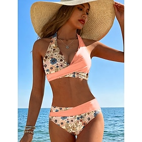 Women's Bikini 2 Piece Swimsuit Ruched Cheeky Vacation Fashion Floral Graphic V Neck Sleeveless Bathing Suits