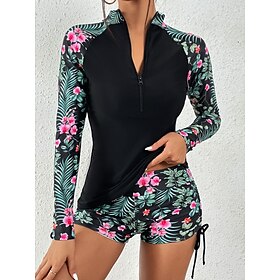 Women's Swimwear Tankini 2 Piece Shorts Swimsuit Tummy Control High Waist Slim Vacation Beach Wear Floral High Neck Long Sleeve Bathing Suits