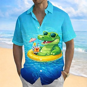Per uomo Cartoni animati Coccodrillo Rhinocero Camicia hawaiana estiva Camicia con Bottoni Camicia Aloha Manica Corta Divertente Vacanza Abbigliamento mare Est
