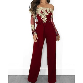 Per donna Tuta Elegante Floreale Manica Lunga Gamba larga Senza Spalle Patchwork Ricamato Feste Streetwear Vestibilità regolare Blu Nero Vino Primavera