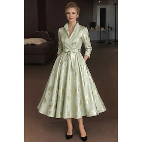 A-Line Tea Length Shirt Dress Formal Dresses Evening Gown Mother of the Bride Dress 3/4 Length Sleeve Shirt Collar Elegant Vintage Formal Jacquard with Sash /