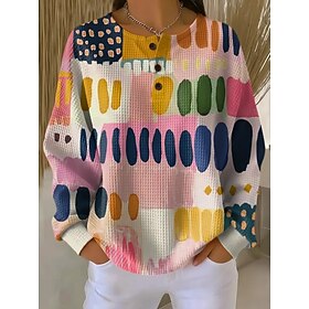 Women's Pullover Sweatshirt Buttons Graphic Geometric Fashion Casual Print Long Sleeve Crew Neck Regular Tops Casual Home Work Yellow Pink Green Spring Fall