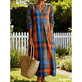 Women's Maxi Dress Shirt Dress Casual Dress Fashion Basic Modern Daily Outdoor Beach Regular Fit Geometric Plaid 3/4 Length Sleeve V Neck Blue Summer Spring