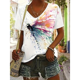 Women's T Shirt Print Graphic Dragonfly Vintage Stylish Classic Short Sleeve V Neck Regular Tops Daily Blue White Orange Summer Spring