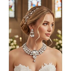 Women's Crystal Statement Necklace Set with Matching Drop Earrings, Luxury Rhinestone Bridal Jewelry, Elegant Vintage Style for Wedding, Bride, Bridesmaids, En