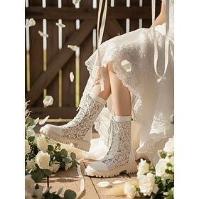 Women's White Lace Bridal Boots - Modern Block Heel Floral Crochet Booties - Versatile Wedding Shoes for Barn, Garden and City Ceremonies