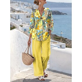 Women's Two Piece Linen Like Sets Pants Sets Bolero Top 3/4 Length Sleeve V Neck Floral Graphic Paisley Print Daily Stylish Casual Daily Vacation Blue Yellow P