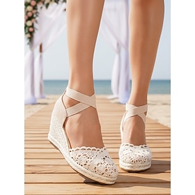 sandali con zeppa espadrillas in pizzo beige da donna, comode scarpe da damigella con cinturino alla caviglia per matrimoni in spiaggia