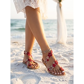 Women's Boho Red Floral Beach Wedding Guests Sandals - Flat Wrap Around Gladiators with Gold Flower Accents for Summer Vacation Parties