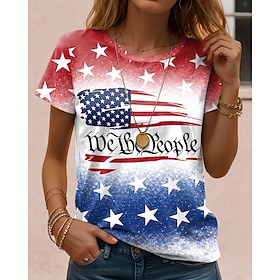 Independence Day Patriotic Women's T Shirt Graphic Flag Letter Vintage Fashion Stylish Short Sleeve Crew Neck Regular Tops Daily Weekend Print Red Purple Green