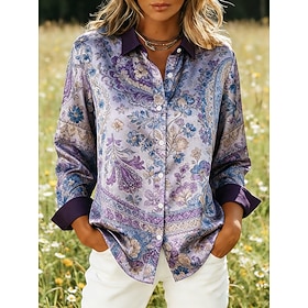 Women's Satin Shirt Satin Top Print Floral Graphic Bohemia Vintage Classic Long Sleeve Shirt Collar Regular Tops Daily Holiday Going out Purple Summer Spring F