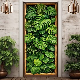 Tropical Leaf Pattern Door Cover 3D Optical Illusion 2D Flat Print Realistic Design for Home Decor