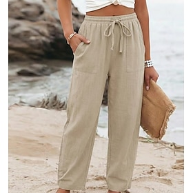 Per donna Pantaloni in cotone e lino Chinos Pantaloni Essenziale Casual Lungo Vita Alta Semplice Tasca Design con Coulisse Elastica Taglio alto Traspi