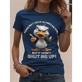 Women's T Shirt Patchwork Print Cat Letter Funny Slang Basic Short Sleeve Round Neck Regular Tops Daily Blue Navy Blue Summer Spring Fall Winter I'm Fine Every
