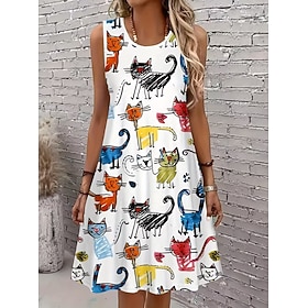 Women's Knee Length Dress Sundress A Line Dress Off The Shoulder Dress Vacation Casual Beach Holiday Regular Fit Graphic Cat Sleeveless Crew Neck Summer Spring