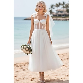 Linea ad A Lunghezza alla caviglia Abito Bianco Abiti da sposa Abito da sposa Elegante Vintage Piccoli Abiti Bianchi Senza Maniche Scollo a Cuore Matrimonio La