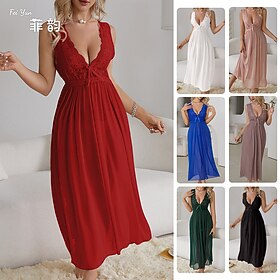 Women's Nightgown Casual Comfort Pure Color Lace Daily Home Sleeveless V Neck Black White Wine Royal Blue Green Summer Spring Regular Fit