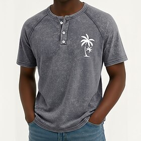 SoftFade™ Men's Coconut Tree Vintage Tee Henley Washed Shirt Short Sleeve Vintage Designer Daily Outdoor Summer Spring Light Blue Purple Gray Henley Henley T-S