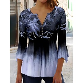 Easter Women's Blouse Ombre Floral Graphic Elegant Vintage Stylish 3/4 Length Sleeve V Neck Regular Tops Daily Going out Buttons Blue Pink Red Green Summer Spr