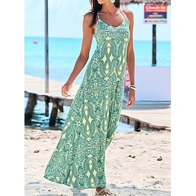 Women's Maxi Dress Sundress A Line Dress Slip Dress Vacation Casual Boho Beach Regular Fit Floral Graphic Abstract Sleeveless V Neck Blue Light Green Royal Blu
