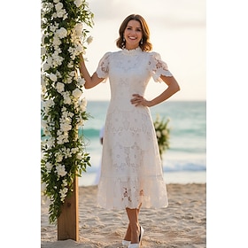 Linea ad A Lunghezza Tè Abito da Sposa in Pizzo Bianco Piccolo vestito bianco Elegante Piccoli Abiti Bianchi Manica Corta Collo Alto Matrimonio con Pizzo