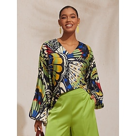 Jungle Butterfly Silky Satin Top: retailer-supplied image